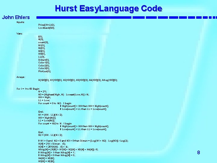 Hurst Easy. Language Code John Ehlers Inputs: Price((H+L)/2), Lookback(60); Vars: I(0), N(0), count(0), N