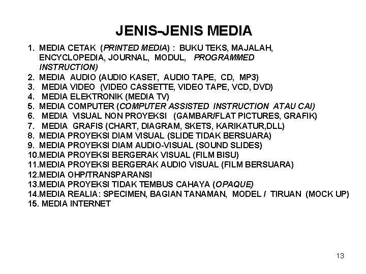 JENIS-JENIS MEDIA 1. MEDIA CETAK (PRINTED MEDIA) : BUKU TEKS, MAJALAH, ENCYCLOPEDIA, JOURNAL, MODUL,