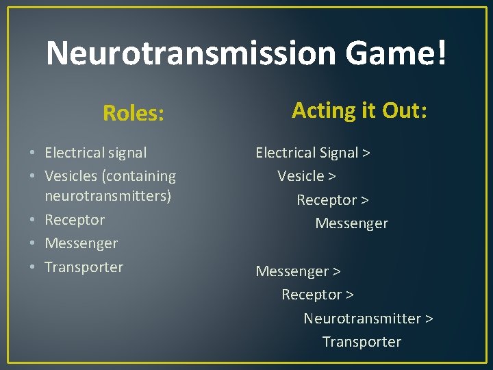 Neurotransmission Game! Roles: • Electrical signal • Vesicles (containing neurotransmitters) • Receptor • Messenger