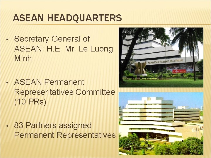 ASEAN HEADQUARTERS • Secretary General of ASEAN: H. E. Mr. Le Luong Minh •