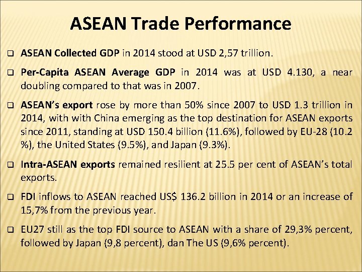 ASEAN Trade Performance q ASEAN Collected GDP in 2014 stood at USD 2, 57