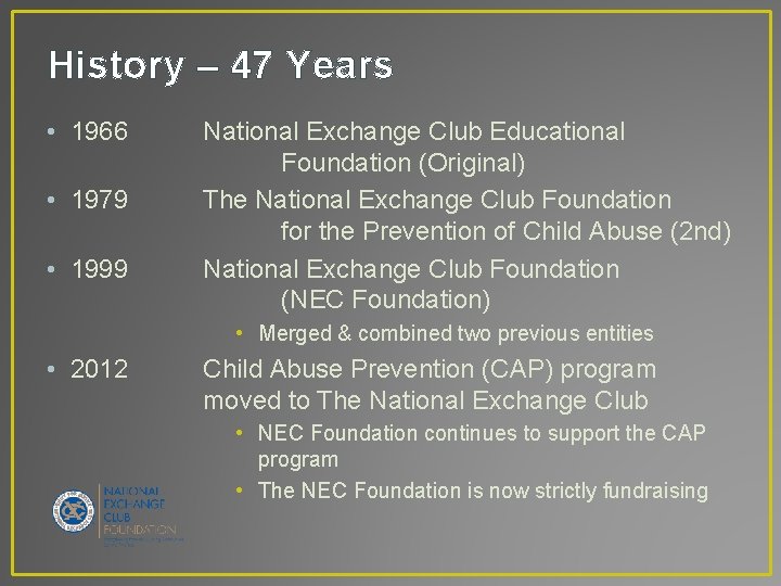 History – 47 Years • 1966 • 1979 • 1999 National Exchange Club Educational