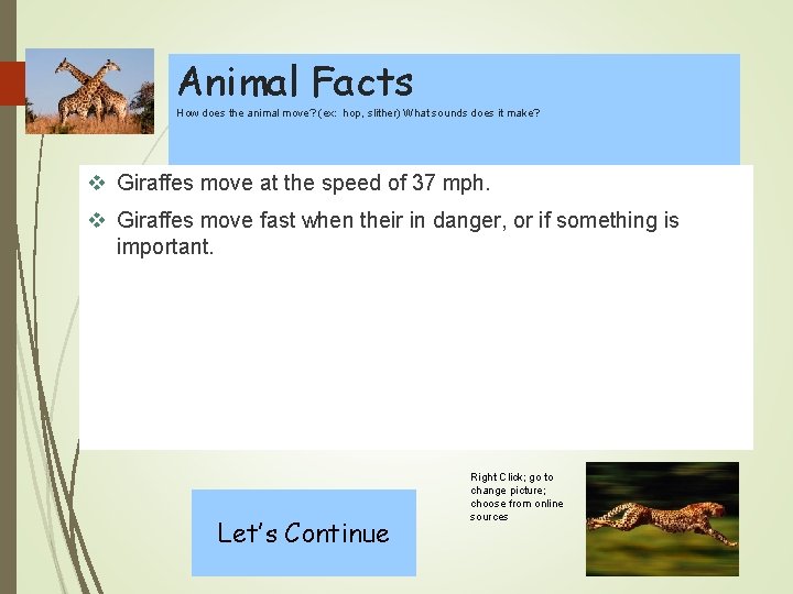 Animal Facts How does the animal move? (ex: hop, slither) What sounds does it