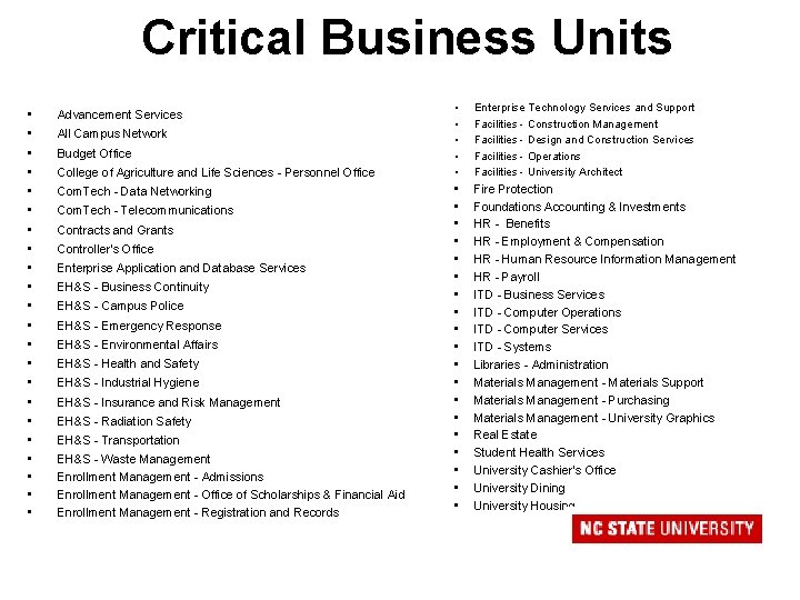 Critical Business Units • • • • • • Advancement Services All Campus Network