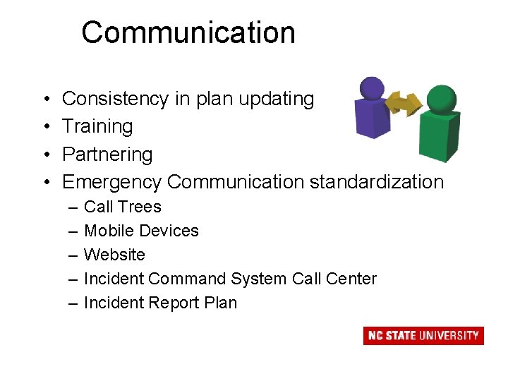 Communication • • Consistency in plan updating Training Partnering Emergency Communication standardization – –