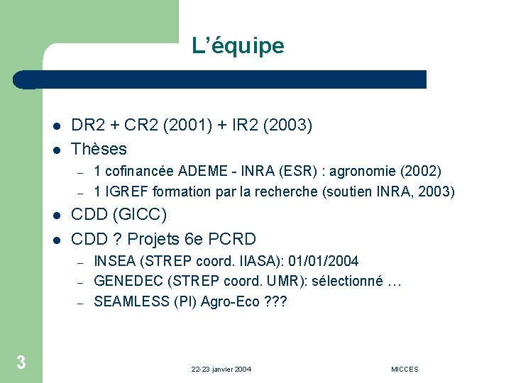 L’équipe l l DR 2 + CR 2 (2001) + IR 2 (2003) Thèses