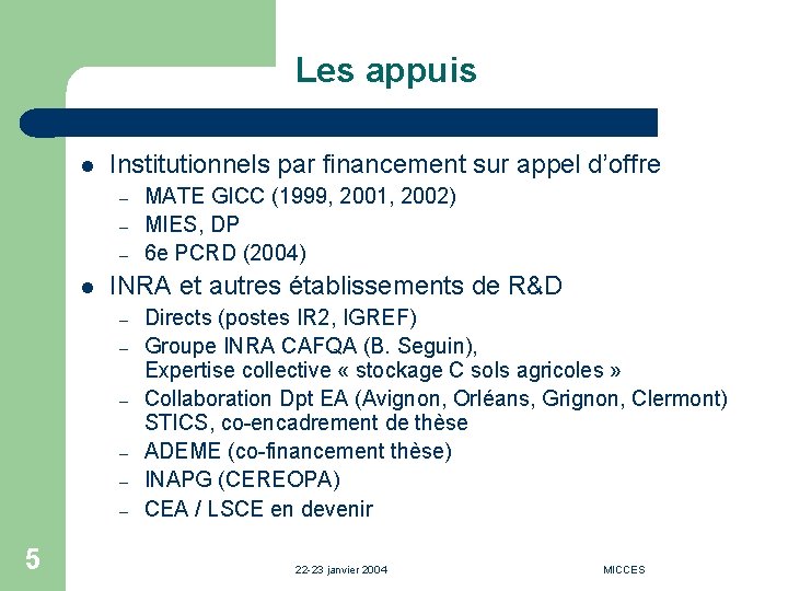 Les appuis l Institutionnels par financement sur appel d’offre – – – l INRA