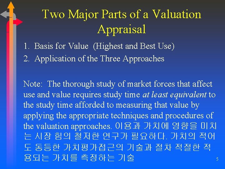 Two Major Parts of a Valuation Appraisal 1. Basis for Value (Highest and Best