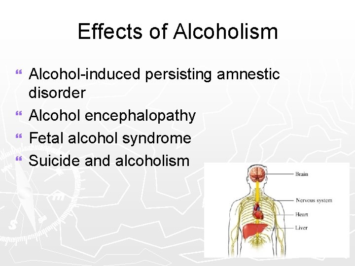 Effects of Alcoholism } } Alcohol-induced persisting amnestic disorder Alcohol encephalopathy Fetal alcohol syndrome