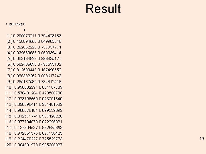 Result > genetype + [1, ] 0. 205576217 0. 794423783 [2, ] 0. 150094660