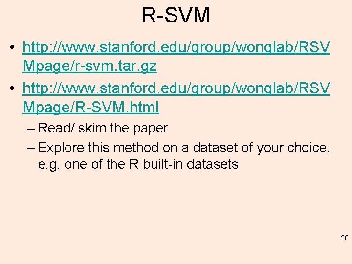 R-SVM • http: //www. stanford. edu/group/wonglab/RSV Mpage/r-svm. tar. gz • http: //www. stanford. edu/group/wonglab/RSV