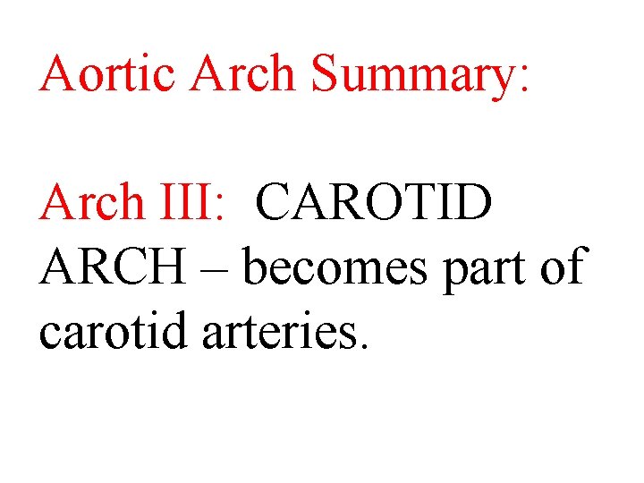 Aortic Arch Summary: Arch III: CAROTID ARCH – becomes part of carotid arteries. 