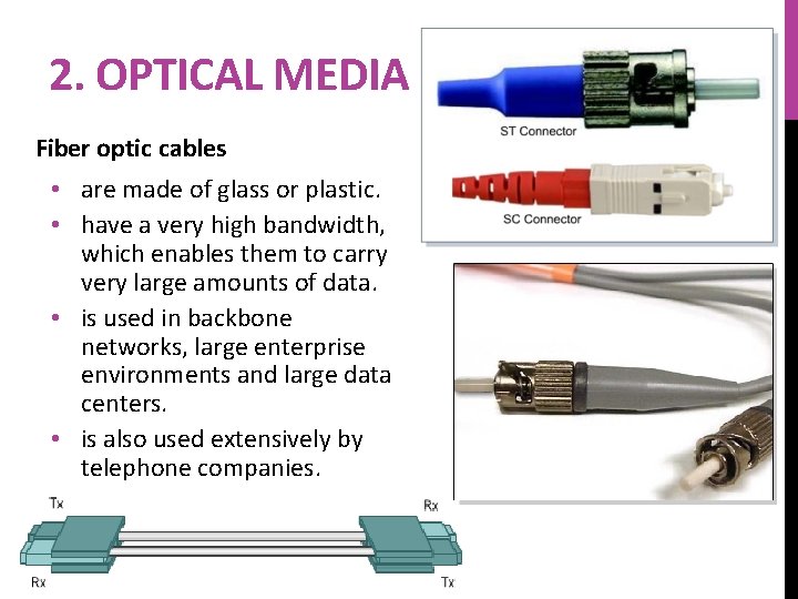 2. OPTICAL MEDIA Fiber optic cables • are made of glass or plastic. •