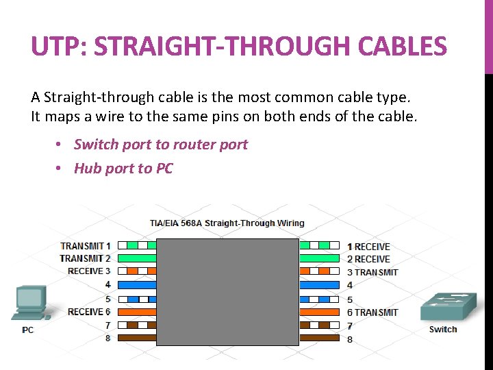 UTP: STRAIGHT-THROUGH CABLES A Straight-through cable is the most common cable type. It maps
