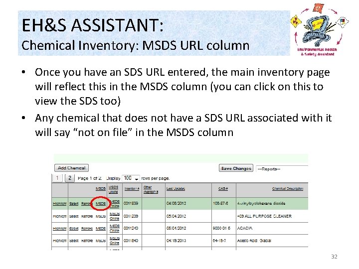 EH&S ASSISTANT: Chemical Inventory: MSDS URL column • Once you have an SDS URL