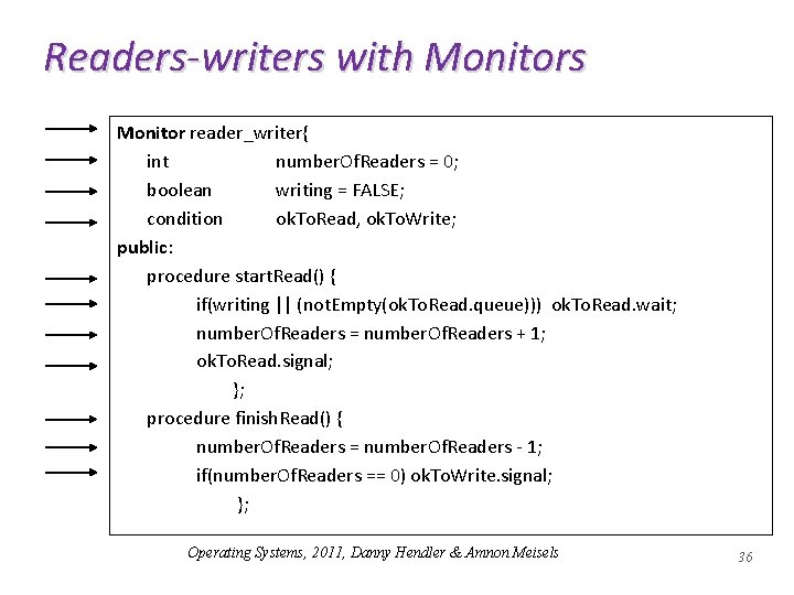 Readers-writers with Monitors Monitor reader_writer{ int number. Of. Readers = 0; boolean writing =