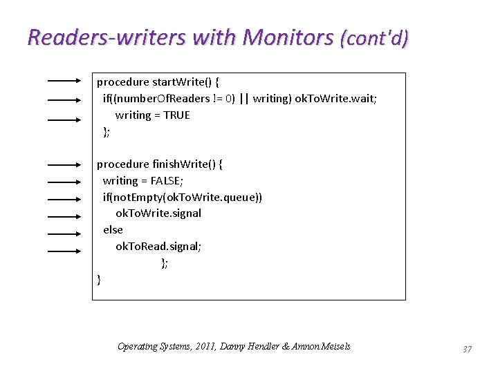 Readers-writers with Monitors (cont'd) procedure start. Write() { if((number. Of. Readers != 0) ||