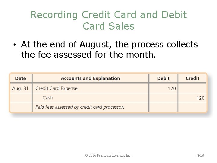 Recording Credit Card and Debit Card Sales • At the end of August, the