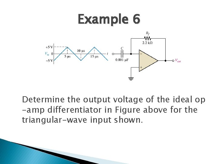 Example 6 Determine the output voltage of the ideal op -amp differentiator in Figure