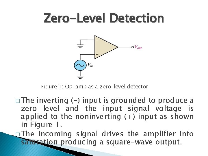 Zero-Level Detection Figure 1: Op-amp as a zero-level detector � The inverting (-) input