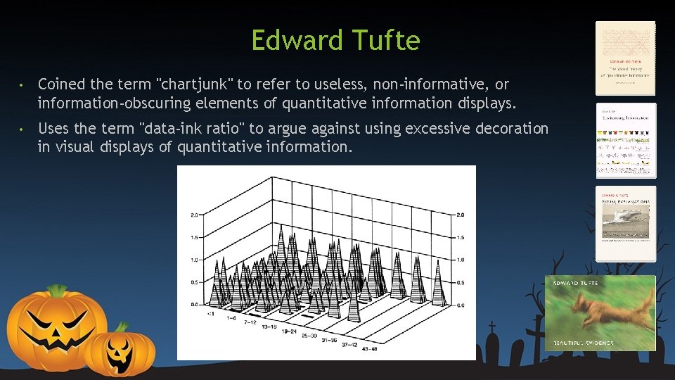 Edward Tufte • Coined the term "chartjunk" to refer to useless, non-informative, or information-obscuring Edward Tufte • Coined the term "chartjunk" to refer to useless, non-informative, or information-obscuring