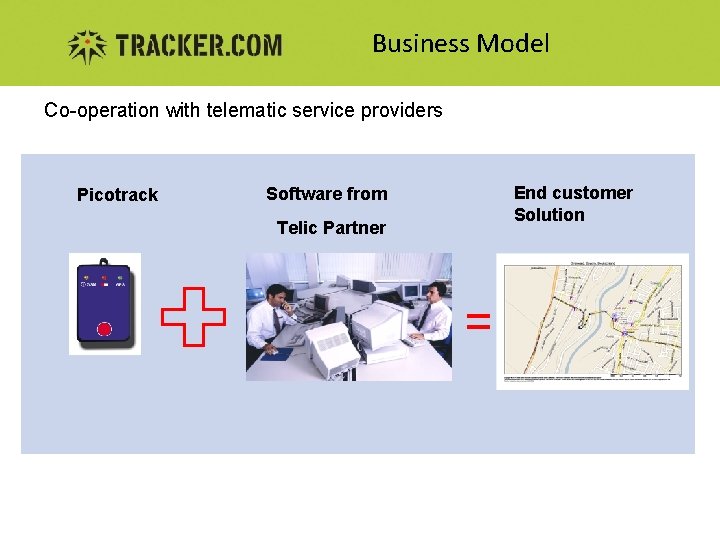 Business Model Co-operation with telematic service providers Picotrack End customer Solution Software from Telic
