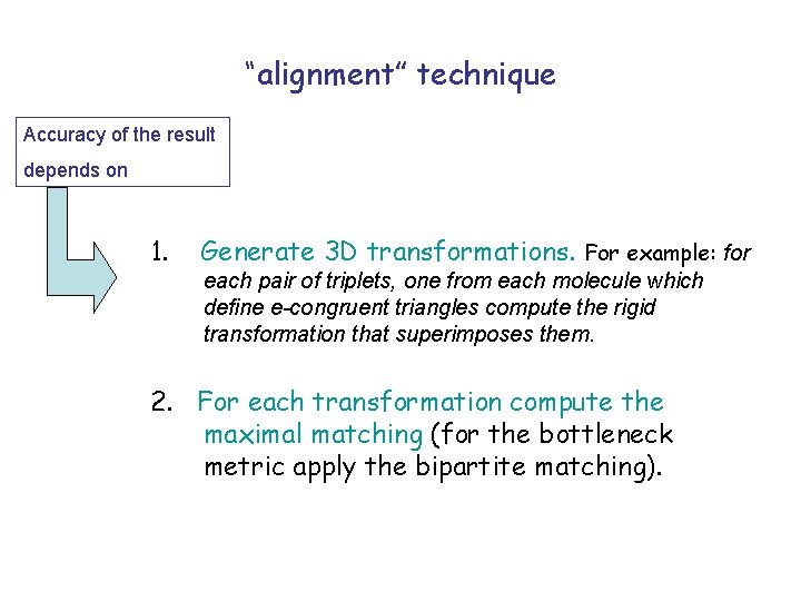 “alignment” technique Accuracy of the result depends on 1. Generate 3 D transformations. For