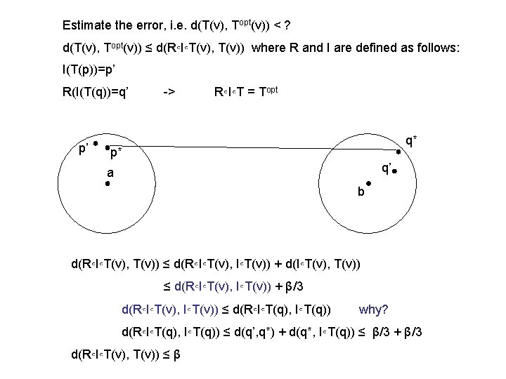 Estimate the error, i. e. d(T(v), Topt(v)) < ? d(T(v), Topt(v)) ≤ d(R◦I◦T(v), T(v))