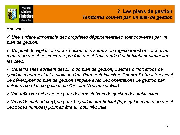 2. Les plans de gestion Territoires couvert par un plan de gestion Analyse :