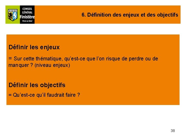 6. Définition des enjeux et des objectifs Définir les enjeux = Sur cette thématique,