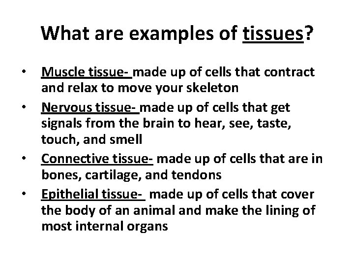 What are examples of tissues? • Muscle tissue- made up of cells that contract