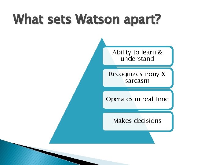 What sets Watson apart? Ability to learn & understand Recognizes irony & sarcasm Operates