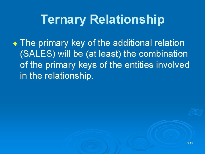 Ternary Relationship ¨ The primary key of the additional relation (SALES) will be (at Ternary Relationship ¨ The primary key of the additional relation (SALES) will be (at