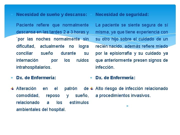  Necesidad de sueño y descanso: Necesidad de seguridad: Paciente refiere que normalmente La