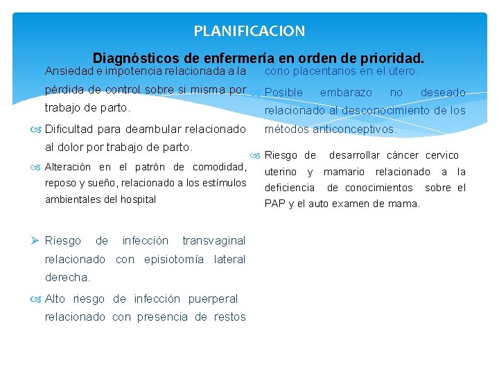 PLANIFICACION Diagnósticos de enfermería en orden de prioridad. Ansiedad e impotencia relacionada a la