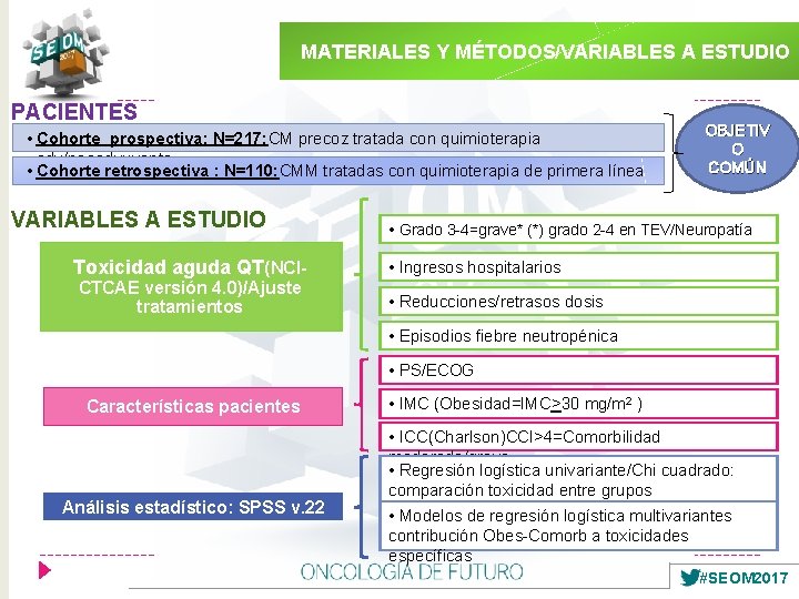 MATERIALES Y MÉTODOS/VARIABLES A ESTUDIO PACIENTES • Cohorte prospectiva: N=217: CM precoz tratada con