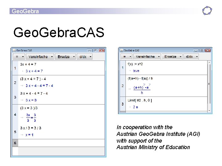 Geo. Gebra. CAS In cooperation with the Austrian Geo. Gebra Institute (AGI) with support