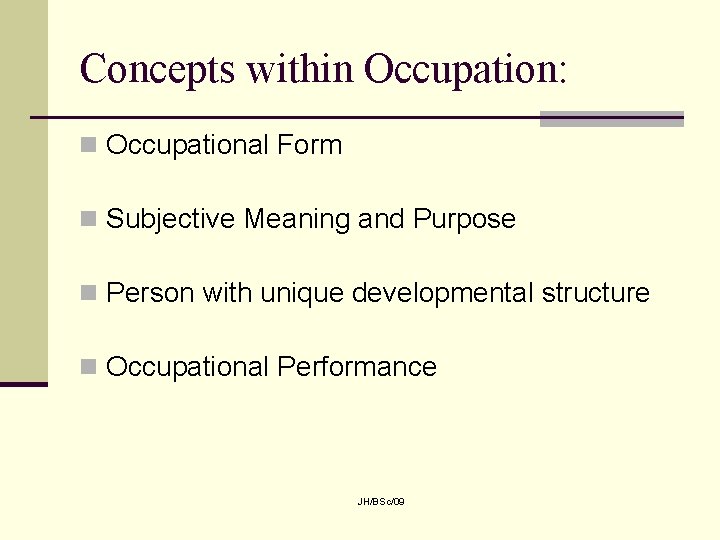 Concepts within Occupation: n Occupational Form n Subjective Meaning and Purpose n Person with