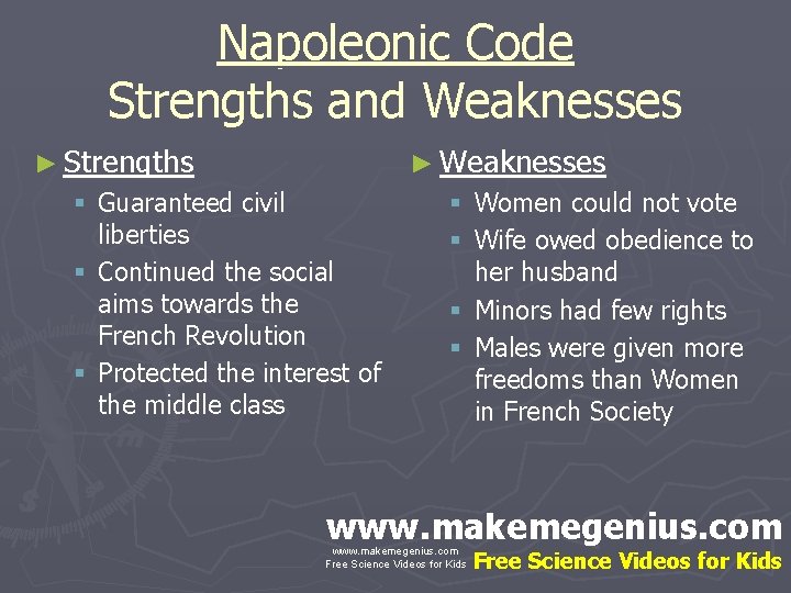 Napoleonic Code Strengths and Weaknesses ► Strengths ► Weaknesses § Guaranteed civil liberties §