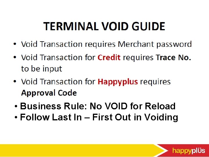  • Business Rule: No VOID for Reload • Follow Last In – First