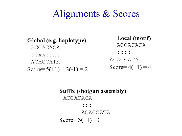 Alignments & Scores Global (e. g. haplotype) ACCACACA : : xx: : x: ACACCATA