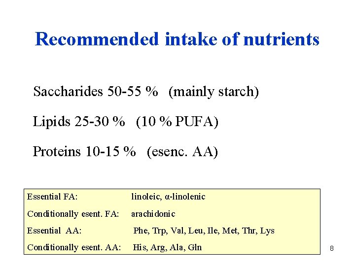 Recommended intake of nutrients Saccharides 50 -55 % (mainly starch) Lipids 25 -30 %