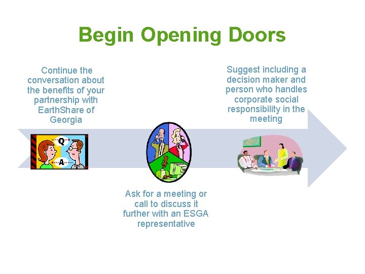 Begin Opening Doors Suggest including a decision maker and person who handles corporate social