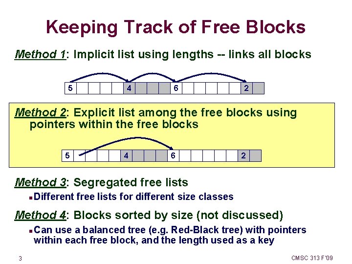 Keeping Track of Free Blocks Method 1: Implicit list using lengths -- links all