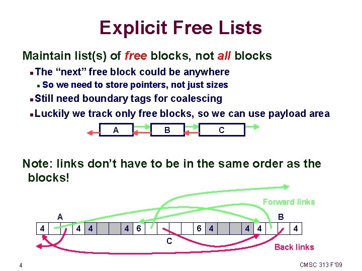 Explicit Free Lists Maintain list(s) of free blocks, not all blocks The “next” free