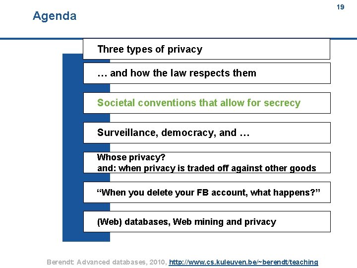 19 Agenda 19 Three types of privacy … and how the law respects them