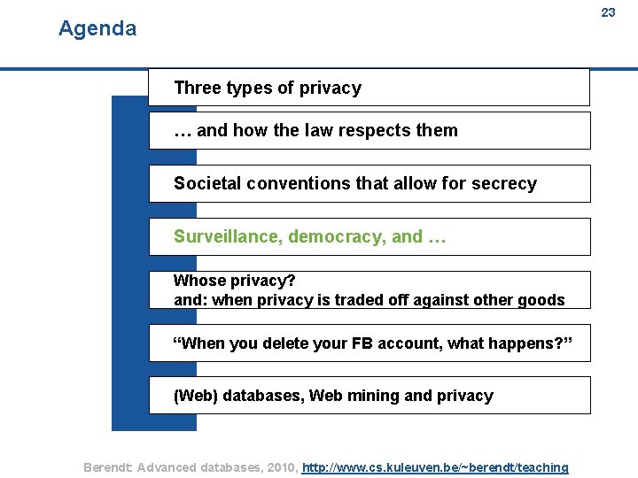 23 Agenda 23 Three types of privacy … and how the law respects them