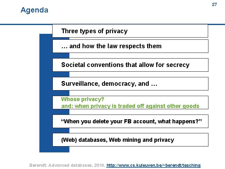 27 Agenda 27 Three types of privacy … and how the law respects them