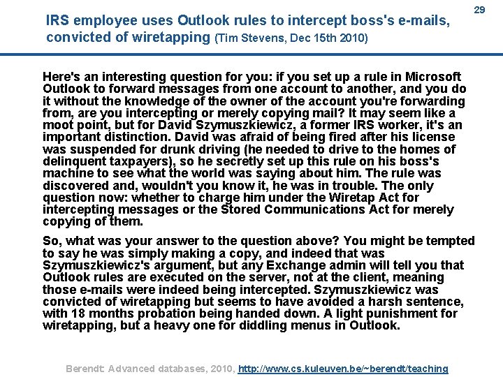 29 IRS employee uses Outlook rules to intercept boss's e-mails, convicted of wiretapping (Tim