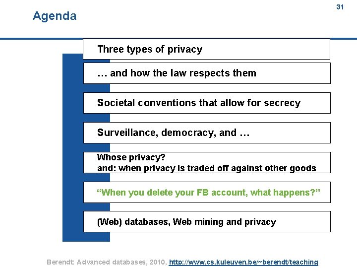 31 Agenda 31 Three types of privacy … and how the law respects them